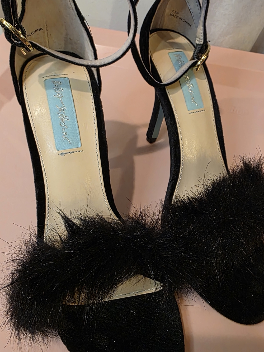Betsey Johnson Black Fur-Trim Ankle Strap Stilettos 3.5 in heel